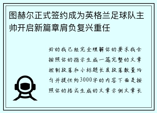 图赫尔正式签约成为英格兰足球队主帅开启新篇章肩负复兴重任